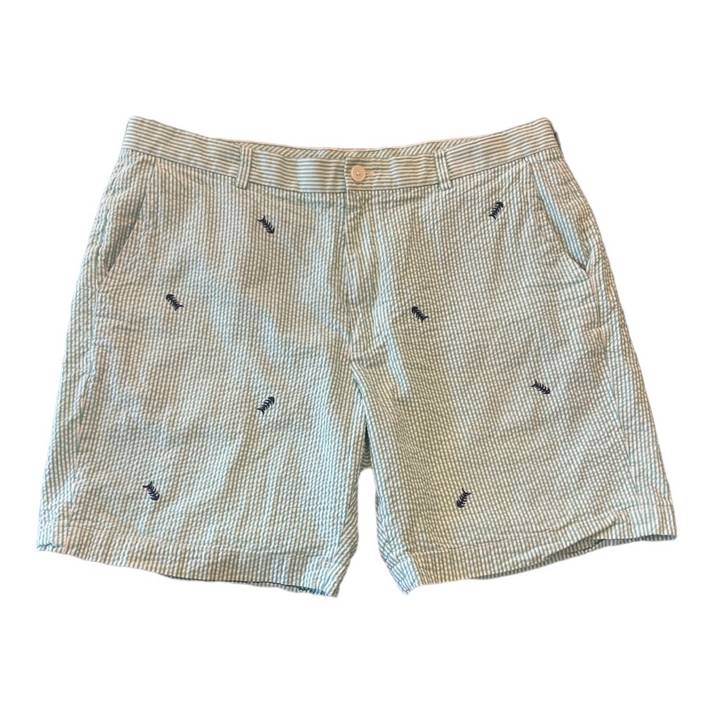 Brooks Brothers Seersucker 40 Waist Green & White With Fish Embroidered Shorts